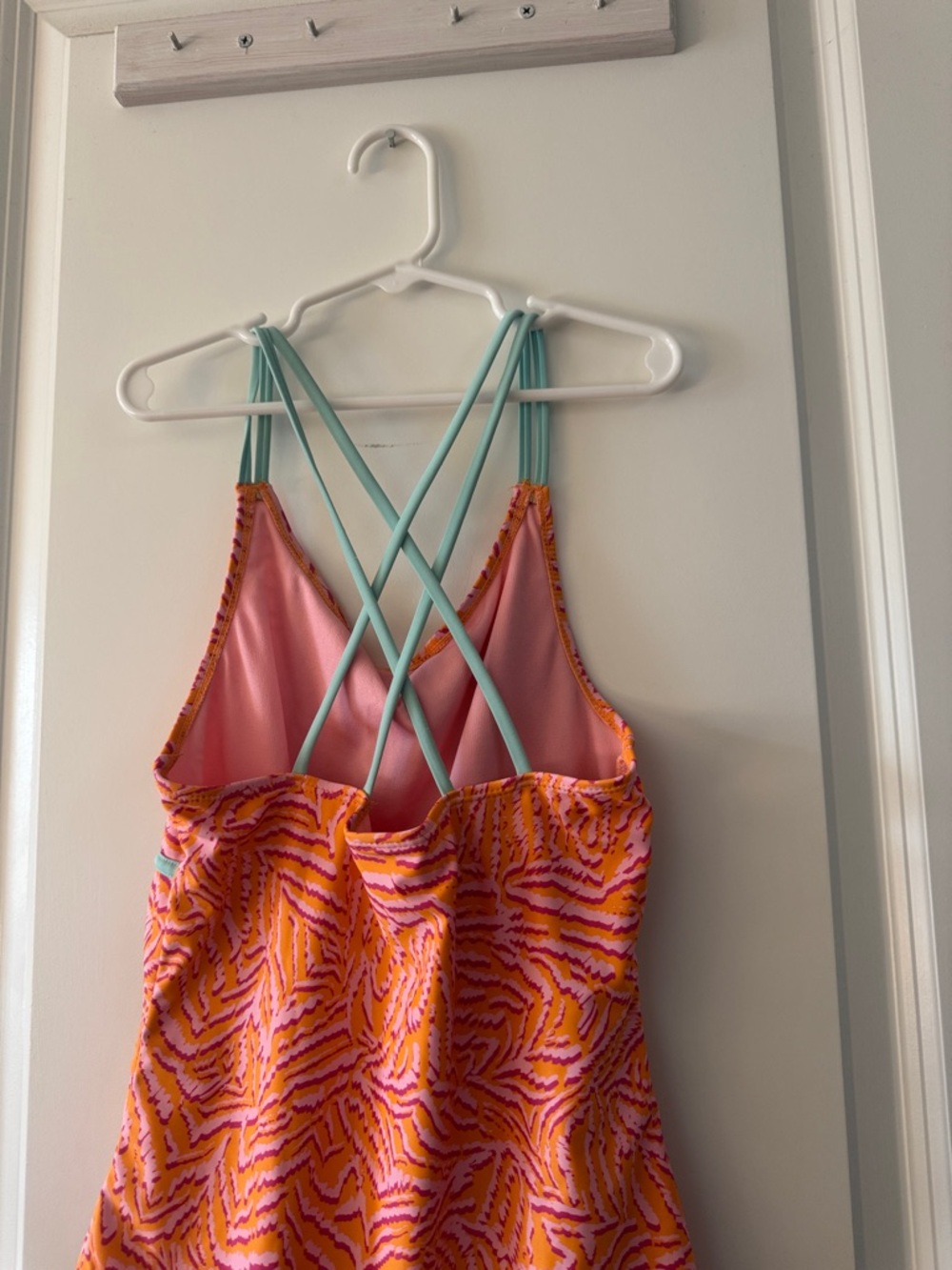 Girls Spyder Large (12/14) One Piece Orange/Pink Swimsuit, Teal cross Straps - Picture 4 of 5